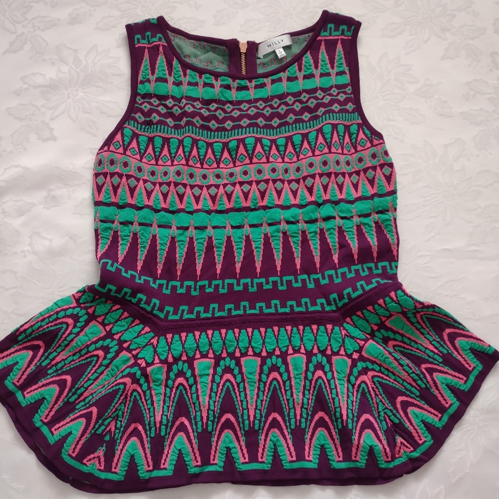 Milly peplum jacquard tapestry multi color knit top